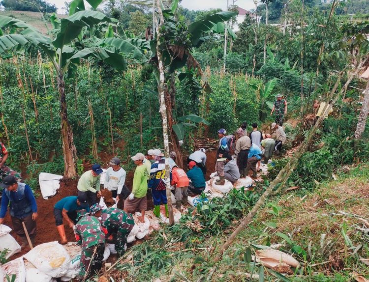 Babinsa dan Petani Desa Penusupan Gotong Royong Bangun Jalan Usaha Tani   