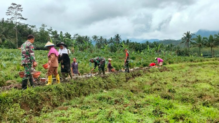 Gotong Royong Koramil Punggelan dan Warga Bangun Saluran Irigasi Sawah
