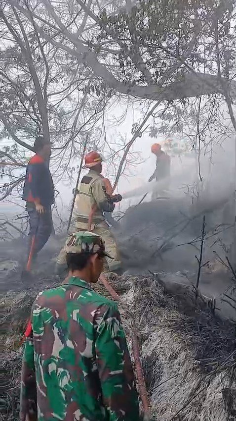 Kebakaran Semak Belukar di Lahan Perhutani Diengkulon TNI-Polri dan Warga Bergerak Padamkan Api